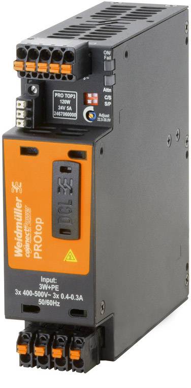 Weidmüller PROtop strømforsyningsenhed, Input: 3L+PE, 3x 400-500V, 3x 0,4-0,3A, 50/60Hz.