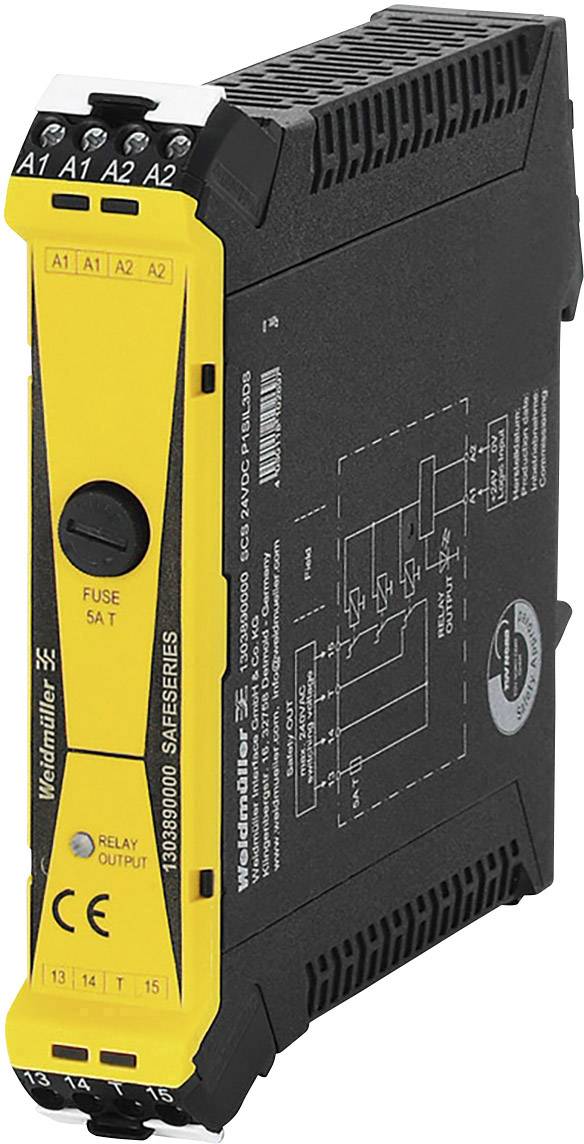 Weidmüller SAFESERIES 1182060000 sikkerhedsrelæ i sort-gult hus, med diagram på højre side.