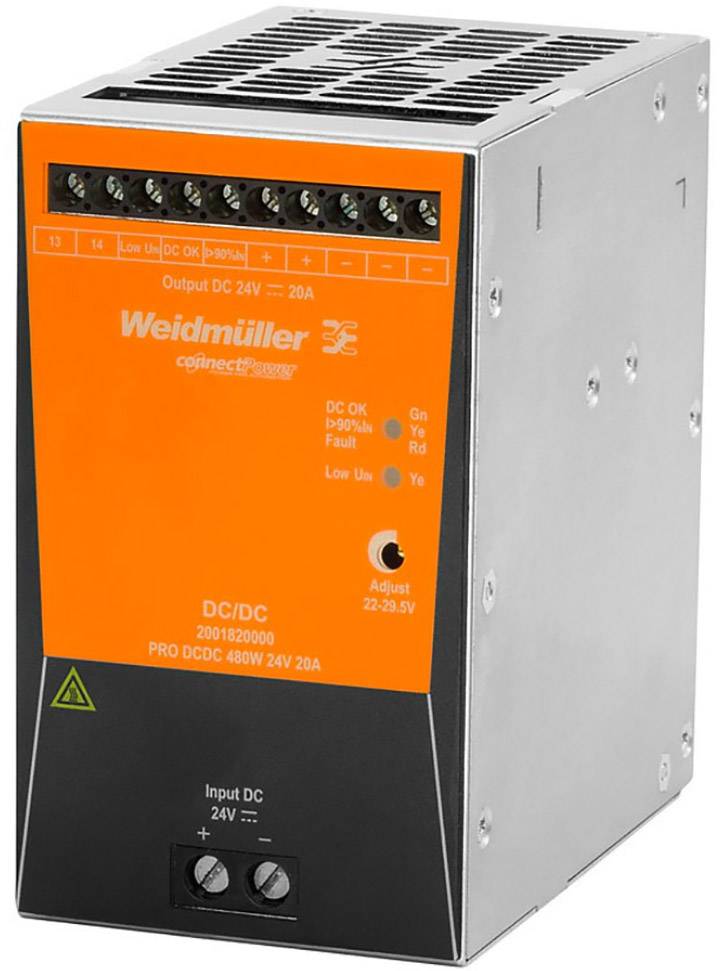 Weidmüller DC/DC-konverter, PRO DCDC serie, 24V indgangs- og udgangsspænding, 20A udgangsstrøm. Indikator-LED'er for status og fejl.