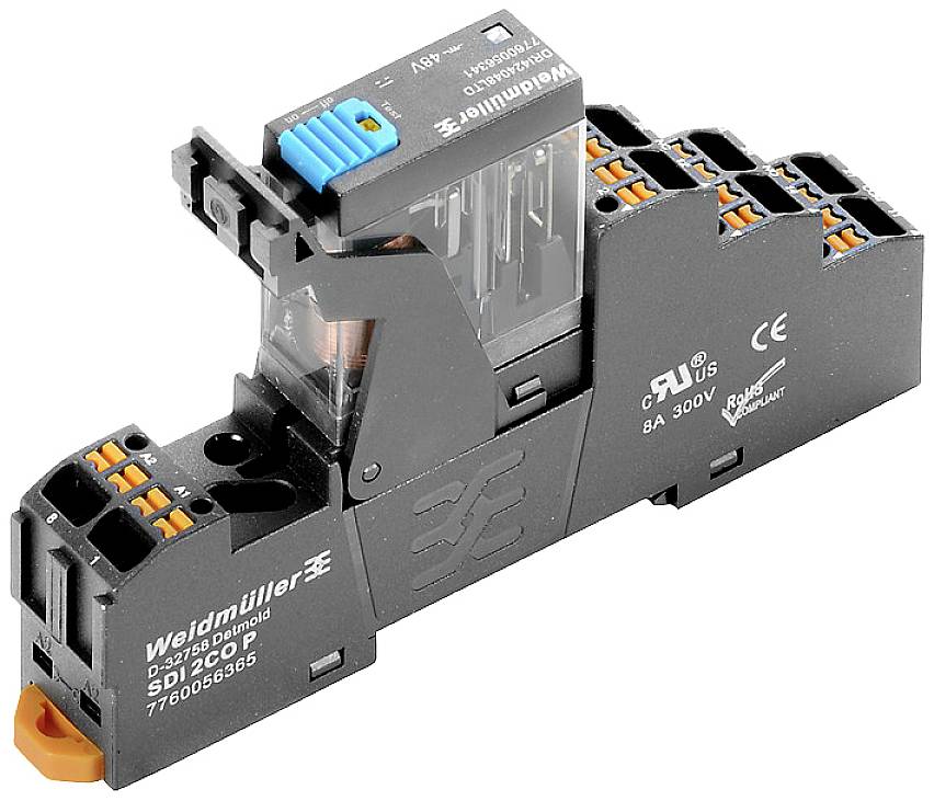 Relæmodul fra Weidmüller med orange klemtilslutninger og transparent hus til elektrotekniske anvendelser.