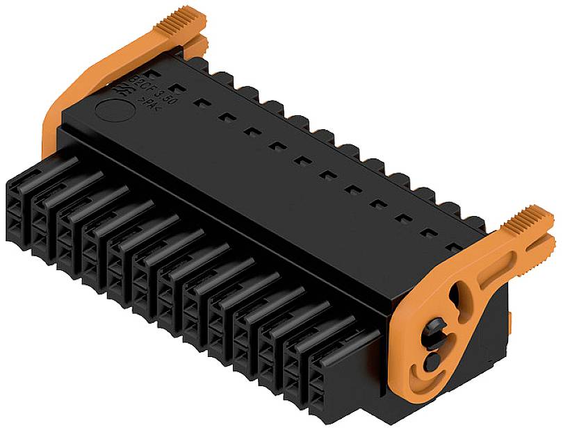 En sort, rektangulær stik med orange clips på siderne. Den har flere stikpladser til kabelforbindelser.