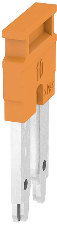 Orange fladsiksikring med påskriften '10 A', egnet til elektriske anvendelser, viser sidevisningen med glasstruktur.