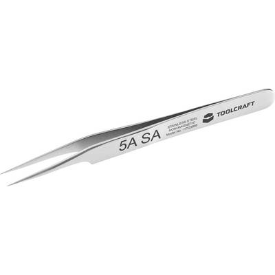 Nærbillede af tweezers i rustfrit stål mærket '5A SA' og 'TOOLCRAFT', vist diagonalt på hvid baggrund.