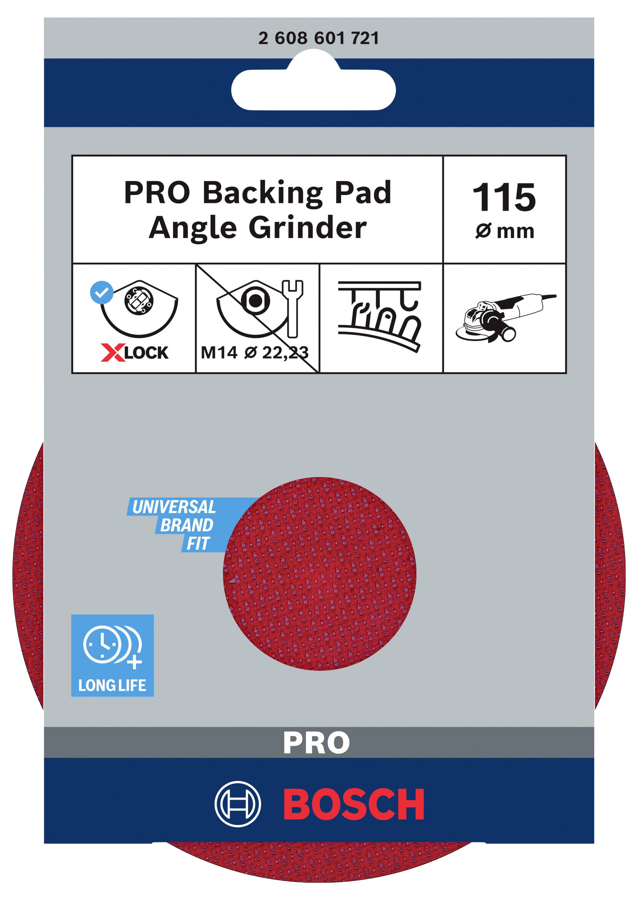 Emballage til en Bosch PRO støtteskive til vinkelsliber, egnet til 115 mm, med X-LOCK og holdbarhedsegenskaber.