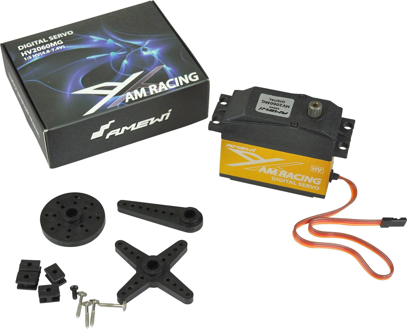 Et digitalt servo fra mærket "Amewi" med tilbehør, bestående af monteringstilbehør, et rundt og et stjerneformet servohorn.