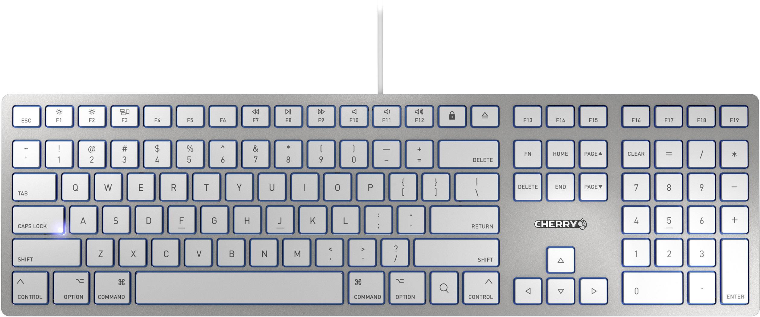 CHERRY KC 6000 Slim für MAC USB Tastatur US-engelsk, QWERTY, Mac Sølv, Hvid Med numerisk tastatur