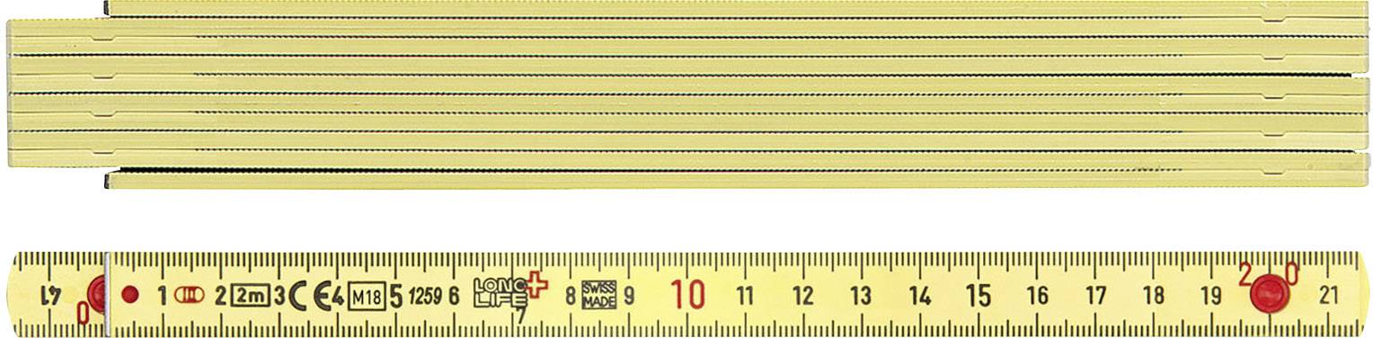 Sammenfoldet tommestok øverst, nedenunder udfoldet del med centimeter- og tomme-skala; tal og markeringer tydeligt synlige.