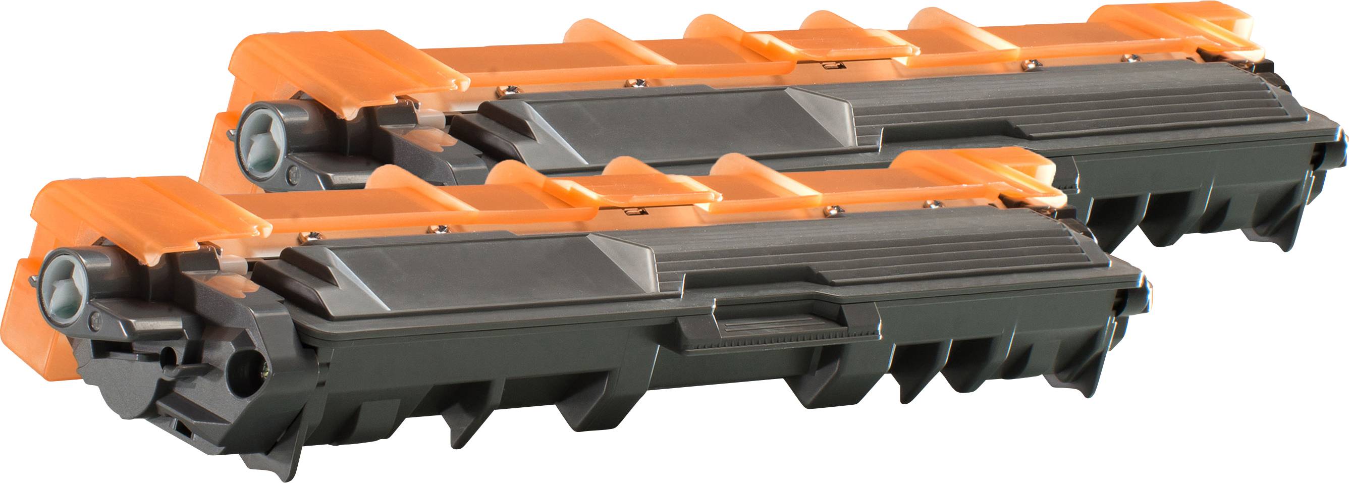 To par orange-sorte blækpatroner ved siden af hinanden. De er forsynet med beskyttende hætter og egnet til en laserprinter.
