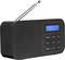 Et sort bærbart DAB-radio med udtrukket antenne. På displayet står der 'DR P3 To...bånd | DAB+' med flere betjeningsknapper.