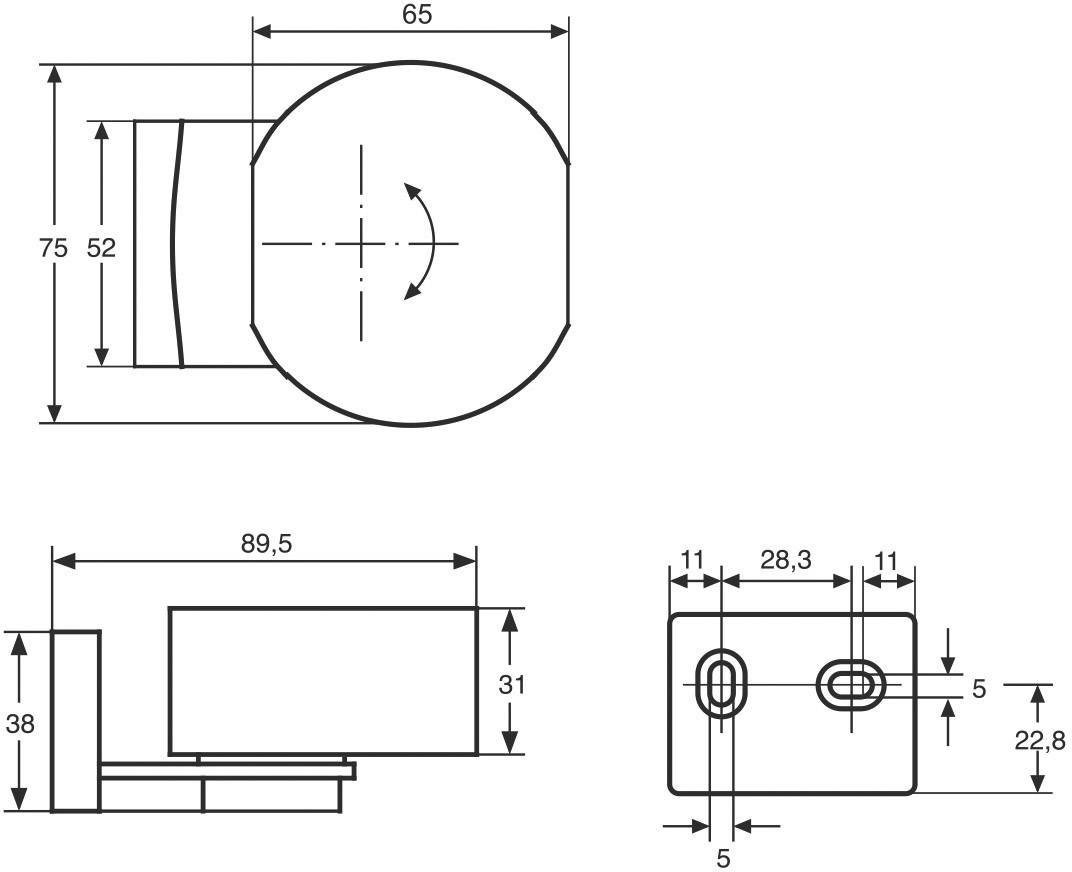 Teknisk tegning af en komponent med forskellige visninger og mål i millimeter: 65, 75, 52, 89,5, 28,3, 31, 38.<br><br>Note: I have used a comma for decimal points, which is standard in Danish, instead of a period.