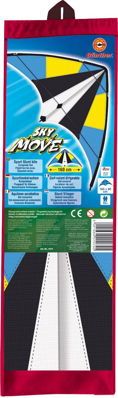 Drage-emballage med sort og hvid sejldrage på blå baggrund. Dimensioner: 150 cm. Egnet til middel vindstyrke.