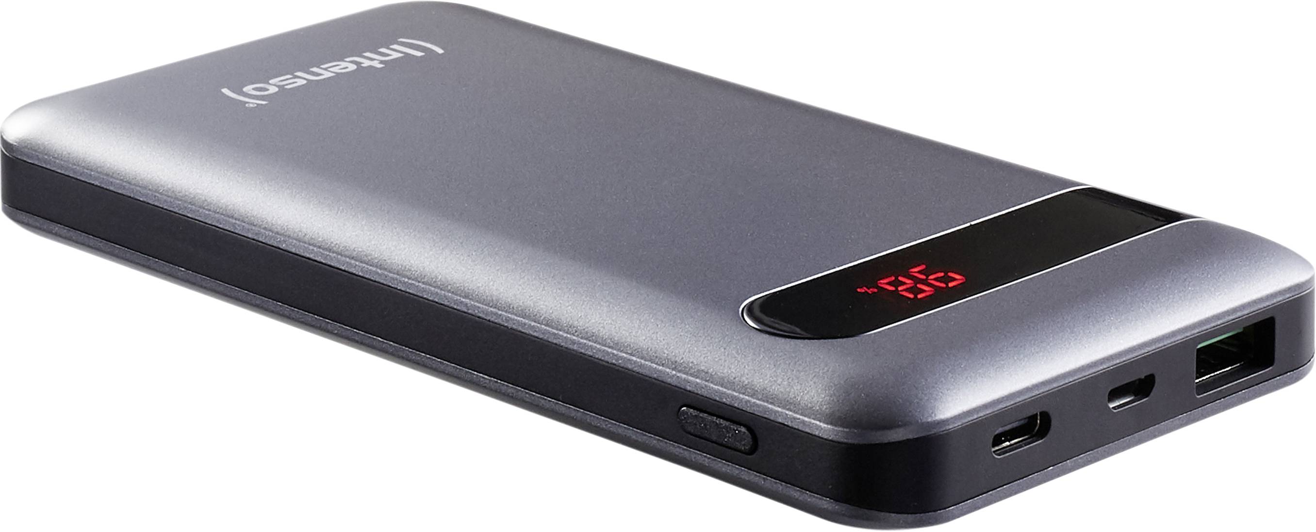 En sølvfarvet ekstern powerbank med digital LED-display; viser batteriniveauet. To USB-porte er synlige.
