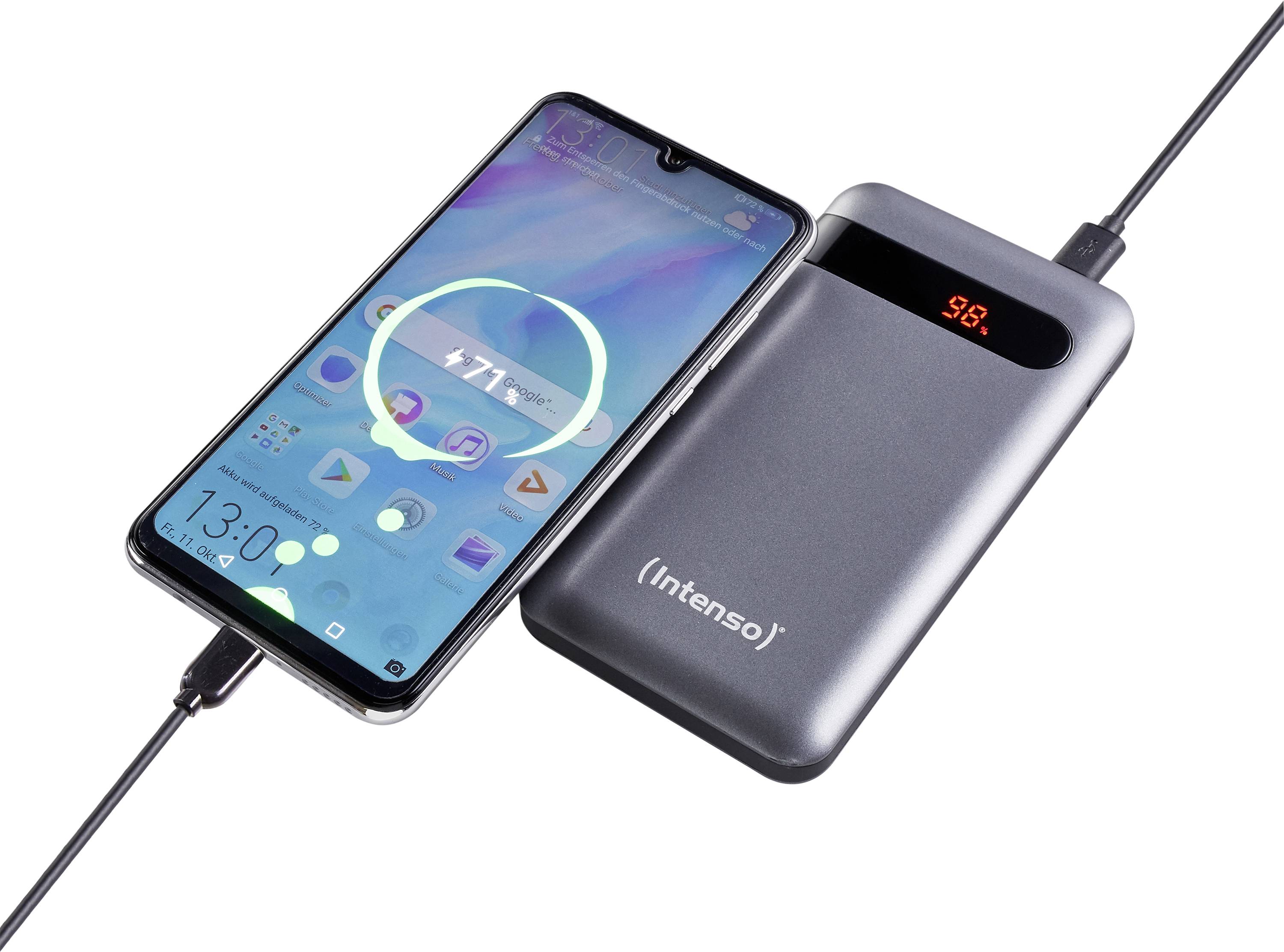 En smartphone oplades trådløst med en powerbank fra Intenso. Powerbanken viser '98', og smartphonen viser '71 %'.