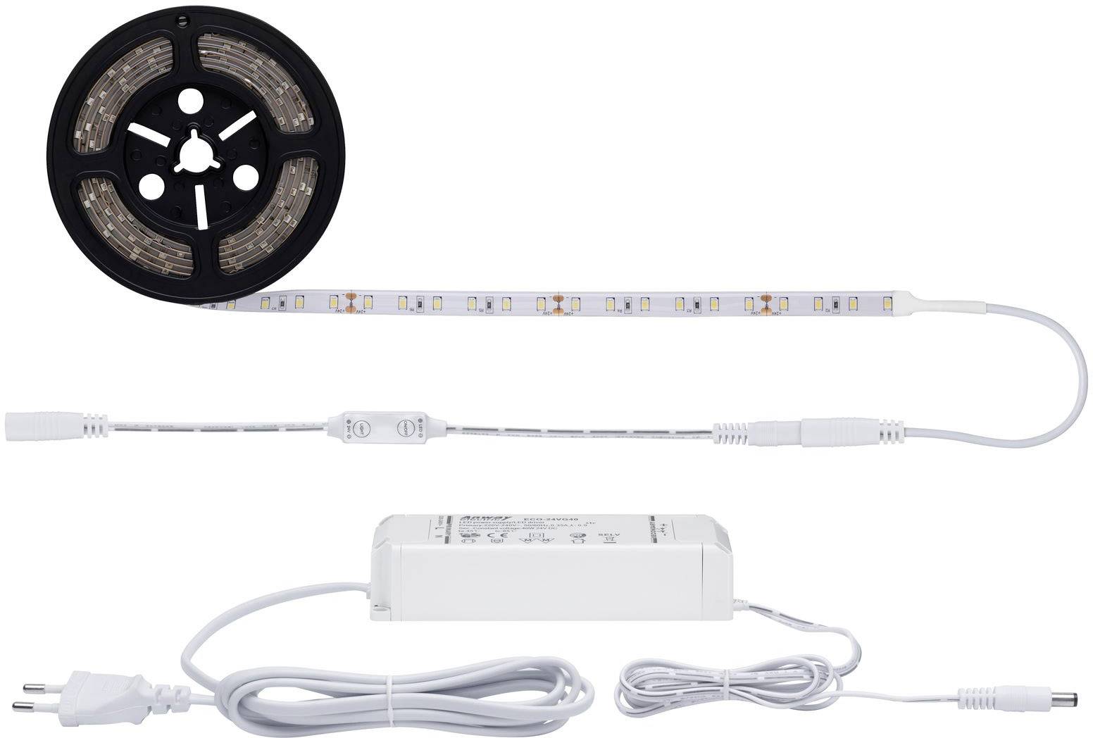 LED-lysstribe-sæt med strømforsyning og styring. Strimlen er delvist rullet ud og klar til installation.