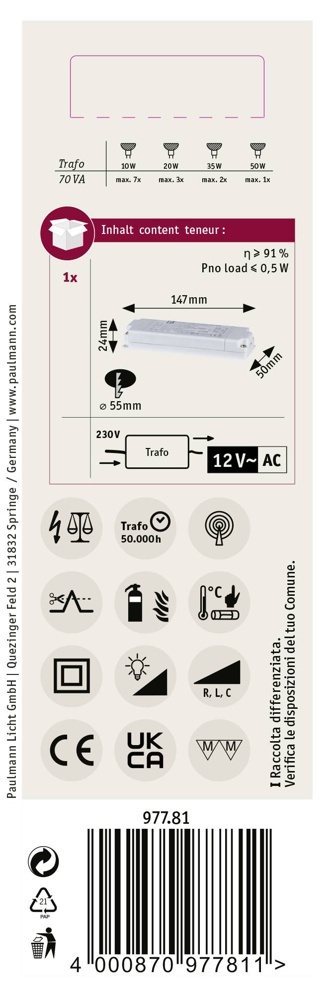 Emballage-etiket til en 12 V AC enhedsboks-lampe med ikoner for energieffektivitet og sikkerhedscertifikater, inklusive stregkode.