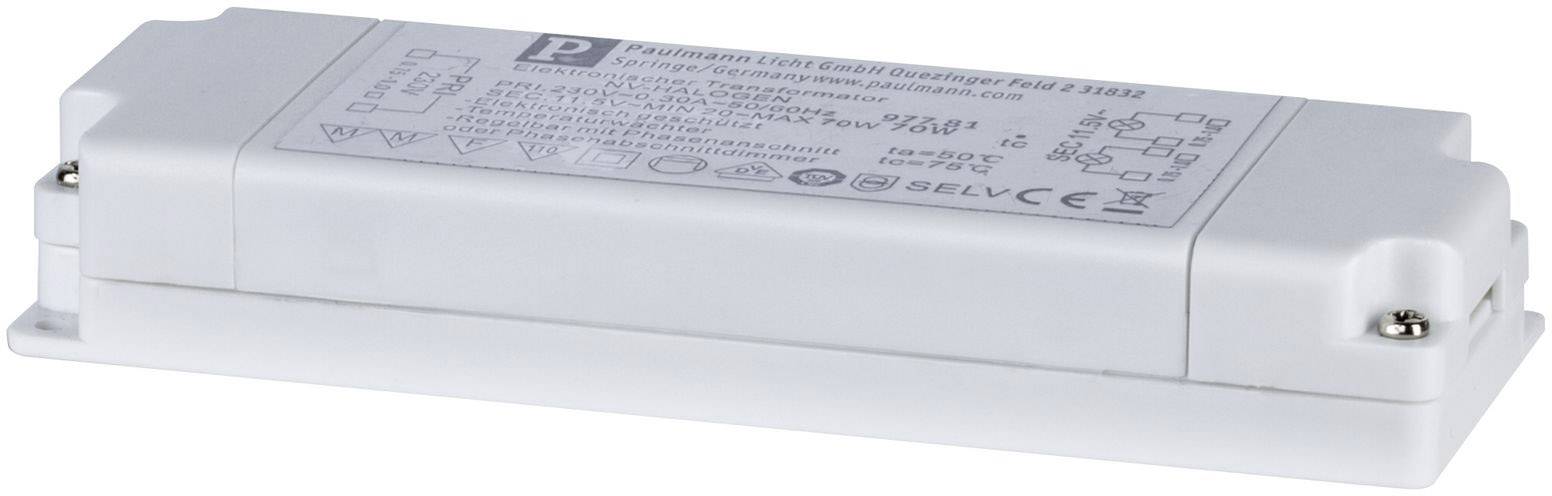 Rektangulær, hvid elektronisk enhed med flere symboler og tekst på overfladen. Monteringshuller på siderne.