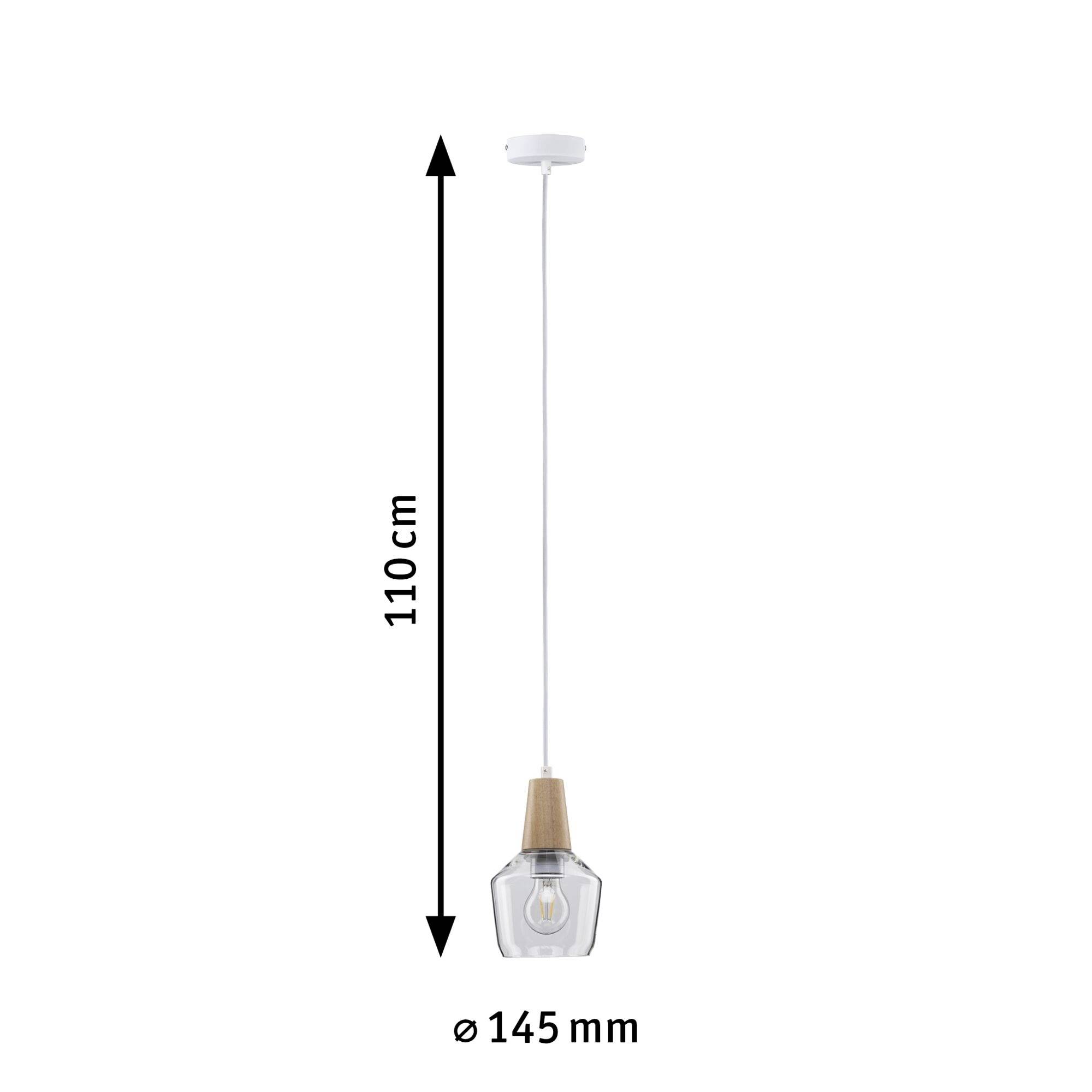 Pendel med trædetalje, gennemsigtig glasskærm, 110 cm høj, 145 mm i diameter. Perfekt til moderne rumdesign.