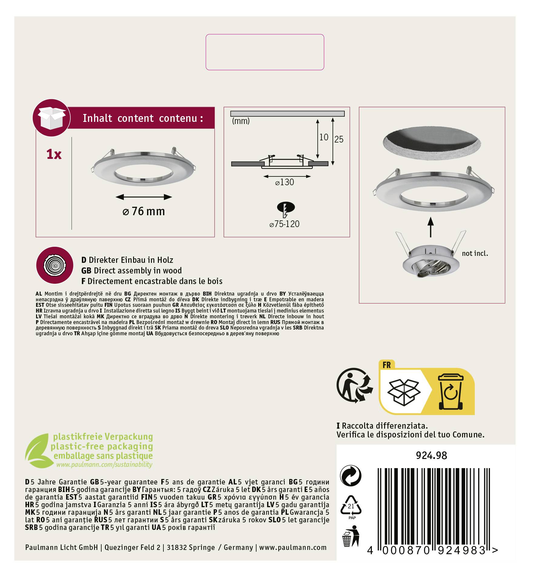 'Emballage: 1x rundt LED-ringssæt, Ø 76 mm, direkte montering i træ, plastfri emballage. Diagram og tekniske data vist.'