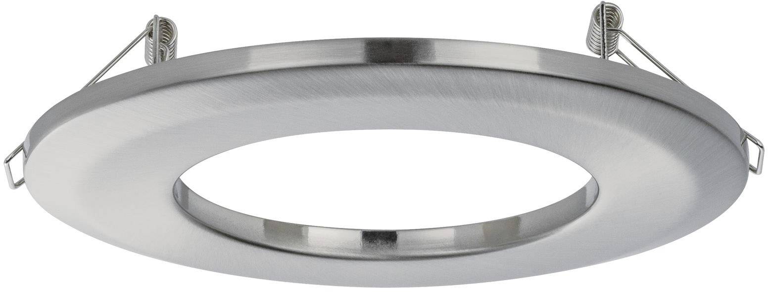 En rund, flad metalring med to fastgørelsesclips, formentlig en holder til en indbygningslampe eller spot.