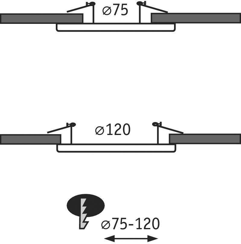 Diagrammet viser to mulige indbygningsstørrelser for en lysinstallation: øverst Ø75 mm, nederst Ø120 mm. Justerbart område: Ø75-120 mm.