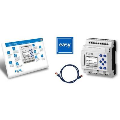 Industriel styringsenhed med display og blå knapper, kabelforbindelse og betjeningsvejledning med blå skrift 'easy'.