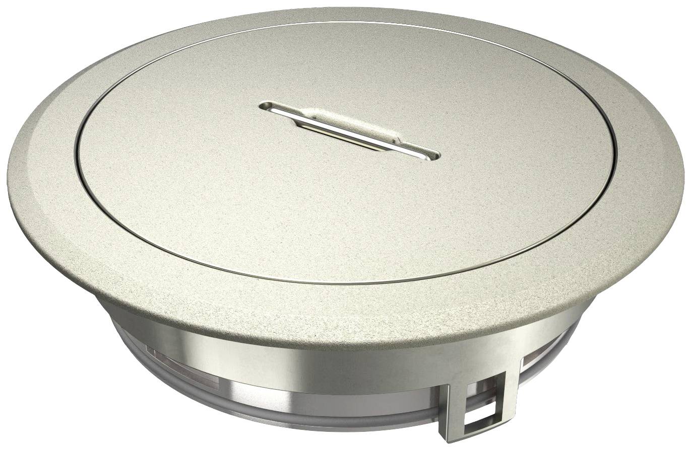 Rund metalindfatning med håndtag, velegnet til kabel- eller elektriske tilslutninger på et bord eller gulv.
