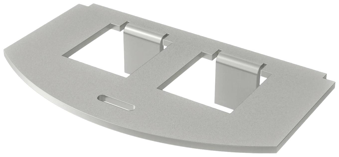 Et bøjet metalstykke med to rektangulære udskæringer og en oval åbning.