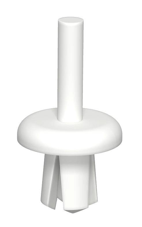 Billedet viser en hvid plastikdybel med rund hoved og lang stift. Den har fire understøttende vinger i den nedre del.