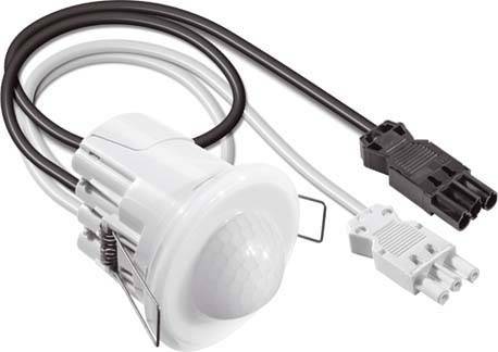 Bevægelsesdetektor med sort og hvidt kabel, egnet til elektriske installationer i bygninger.