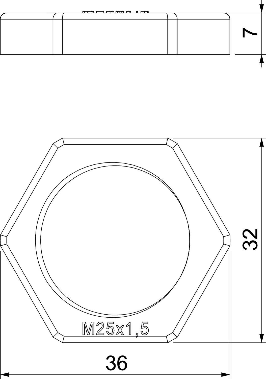 Teknisk tegning af en sekskantmøtrik med betegnelsen 'M25x1,5'. Diameter 36 mm, højde 32 mm, tykkelse 7 mm.