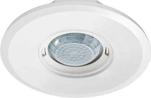 En rund, hvid loftslampe med et centralt blåt, struktureret glasindsats.
