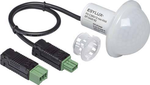 En Esylux bevægelsesdetektor med to stikforbindelser og monteringstilbehør. Egnet til automatisk belysningsstyring.
