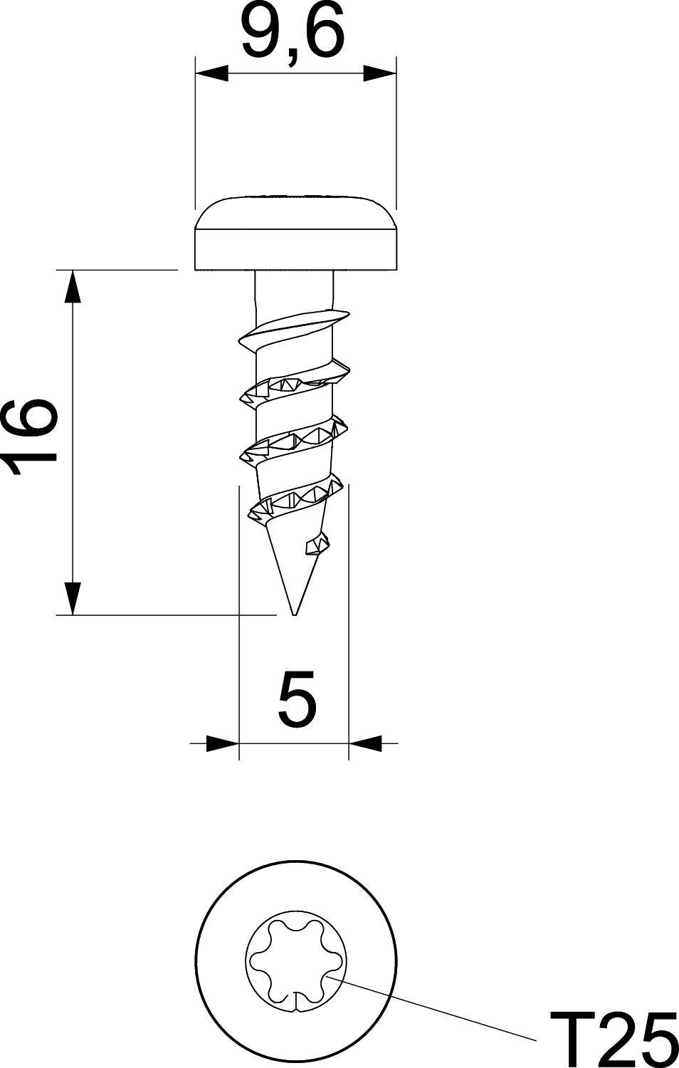 Skruetegning: Højde 16 mm, Hovedbredde 9,6 mm, Gevindlængde 5 mm. Torx-skruehoved med T25-profil.