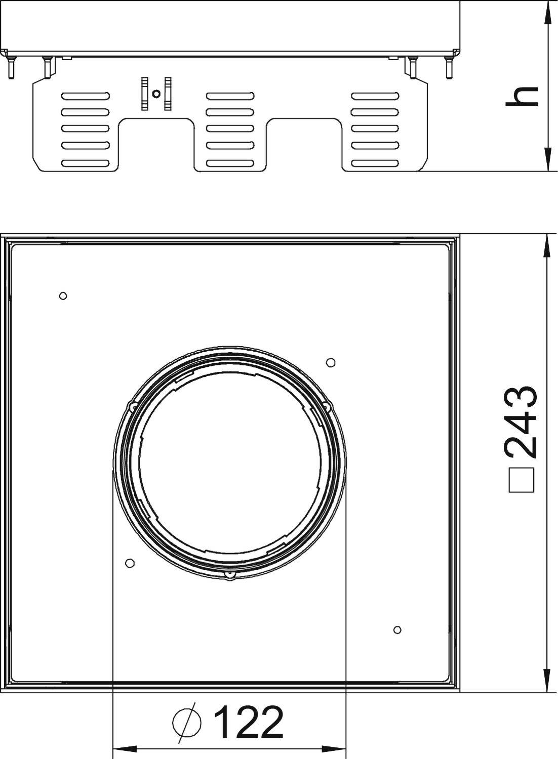 Teknisk tegning af en firkantet komponent. Øverst cylindrisk åbning, mål: 243 mm bredde, 122 mm diameter.