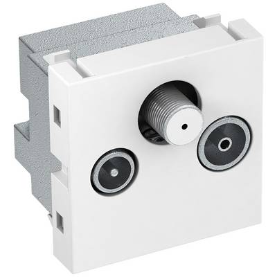 Hvid koaksial vægstikdåse med tre tilslutninger, egnet til tv- og radioinstallationer.