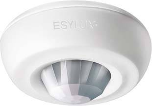 En rund, hvid bevægelsessensor fra ESYLUX med en gennemsigtig sensor i midten til loftsmontering.
