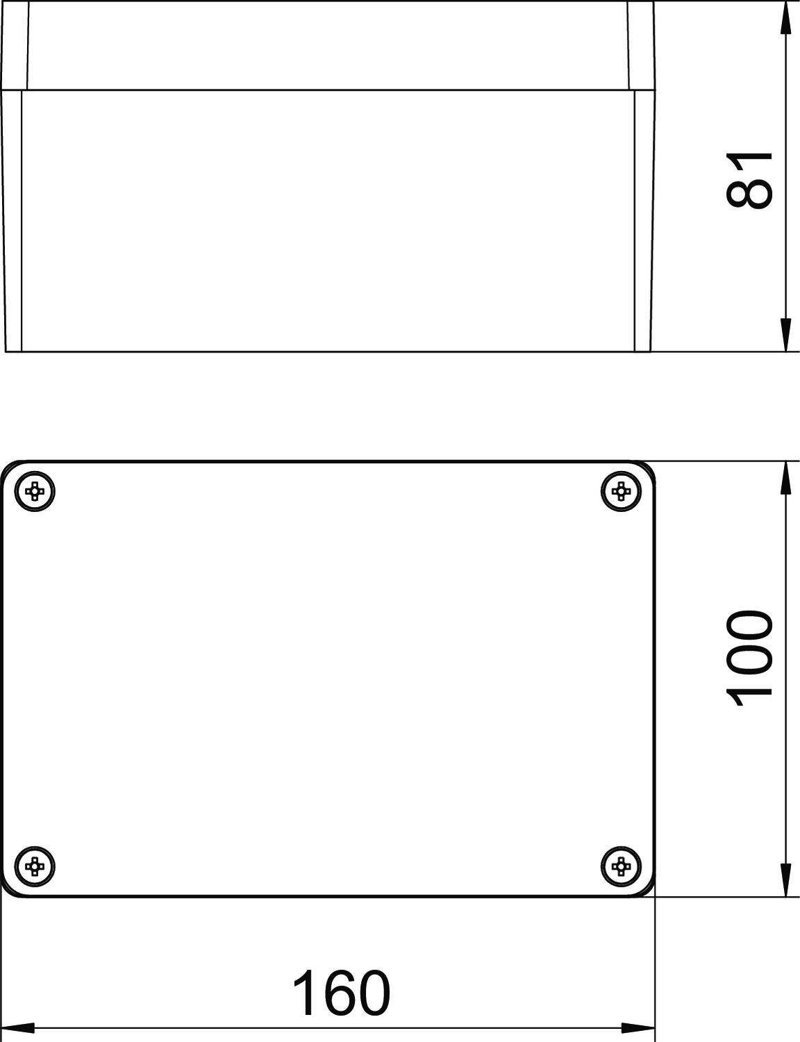 Teknisk tegning af en rektangulær kasse med dimensionerne 160 mm bredde, 100 mm højde og 81 mm dybde.