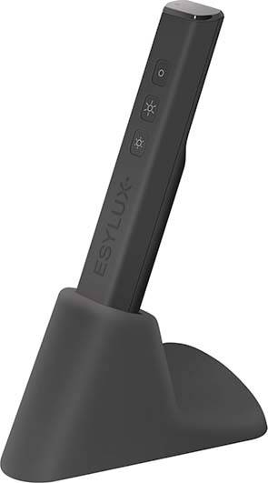 Sort ESYLUX lyskontakt i ladestationen, minimalistisk og moderne designet, med knapper til justering af lysstyrke og belysning.