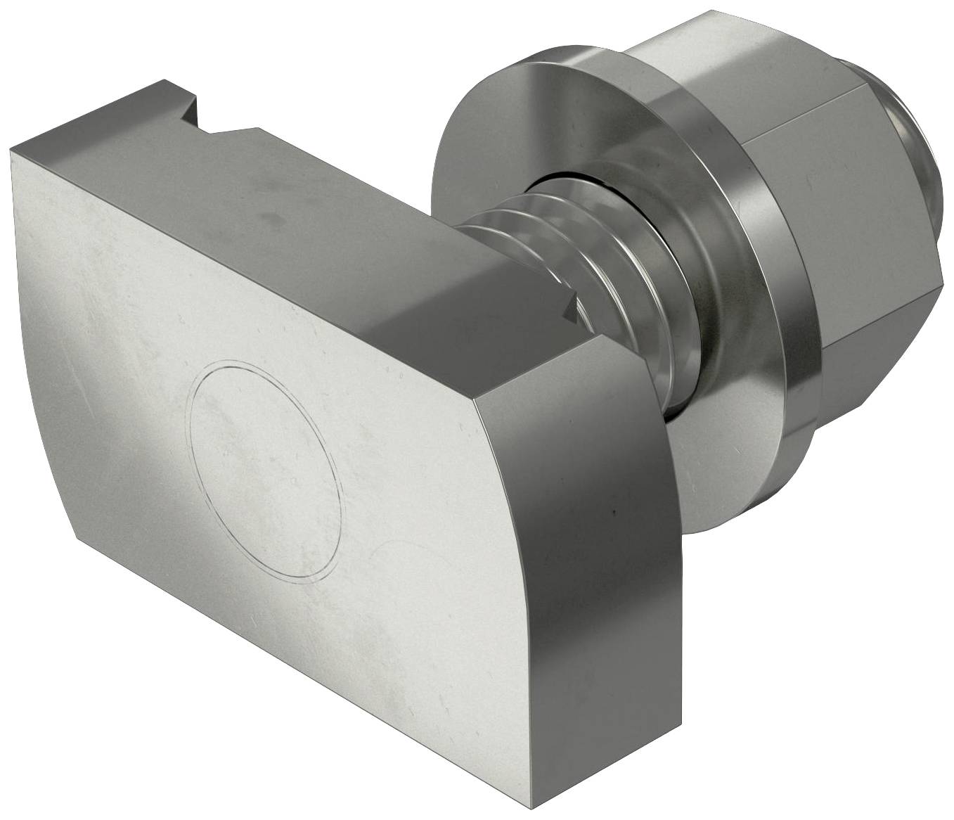 Et sølvfarvet metalkomponent i form af en bolt med et vinklet rektangulært hoved; det ser ud til at blive brugt industrielt.