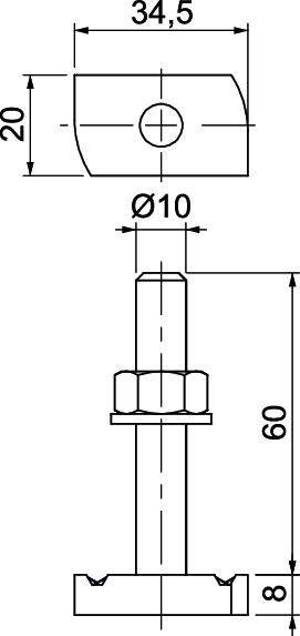 Teknisk tegning af en bolt med mål: Samlet længde 60 mm, diameter Ø10 mm, hovedbredde 34,5 mm, hovedhøjde 20 mm.