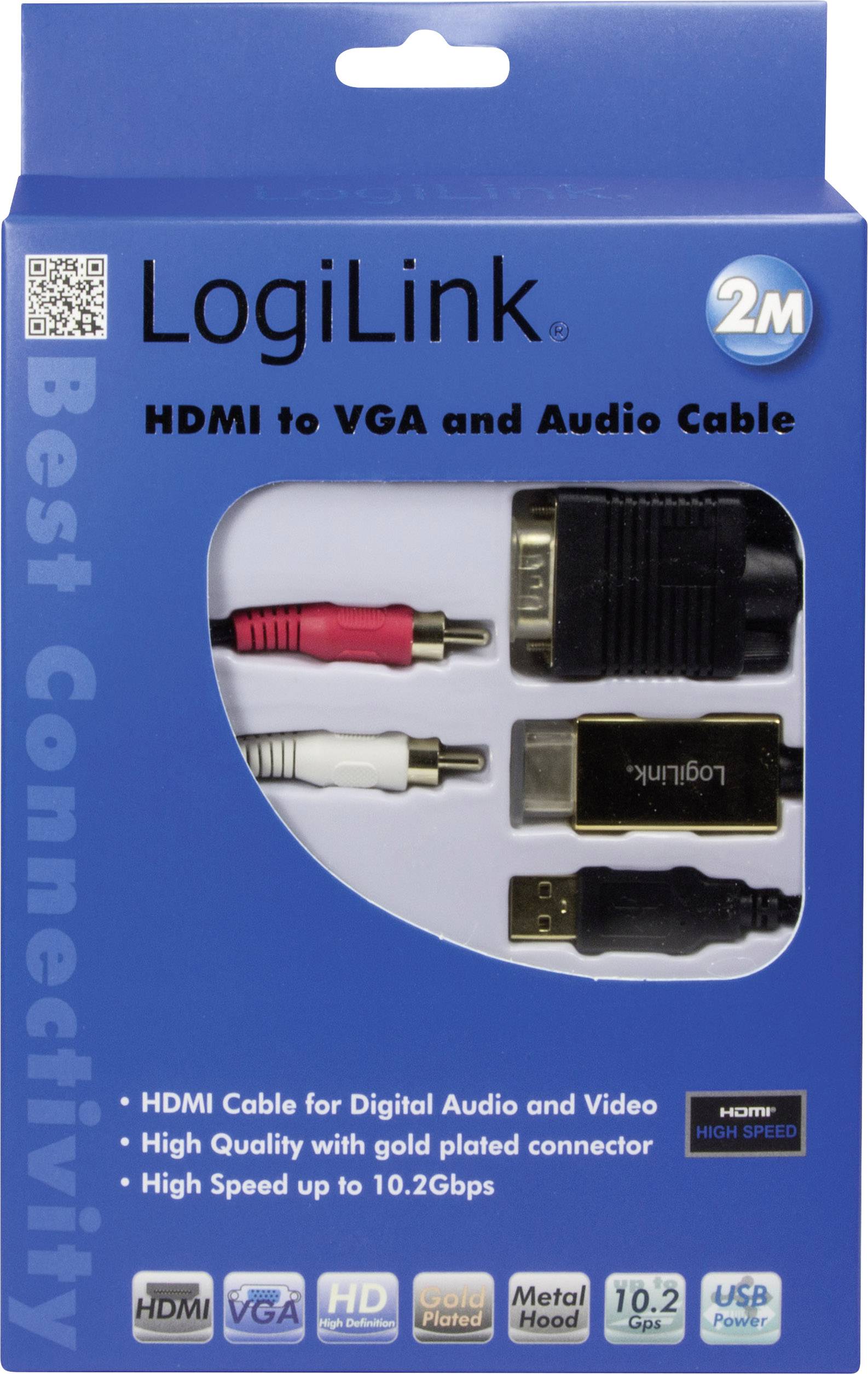 En emballage til et 2-meter HDMI til VGA og Audio-kabel fra LogiLink med guldbelagte stik og høj hastighed.