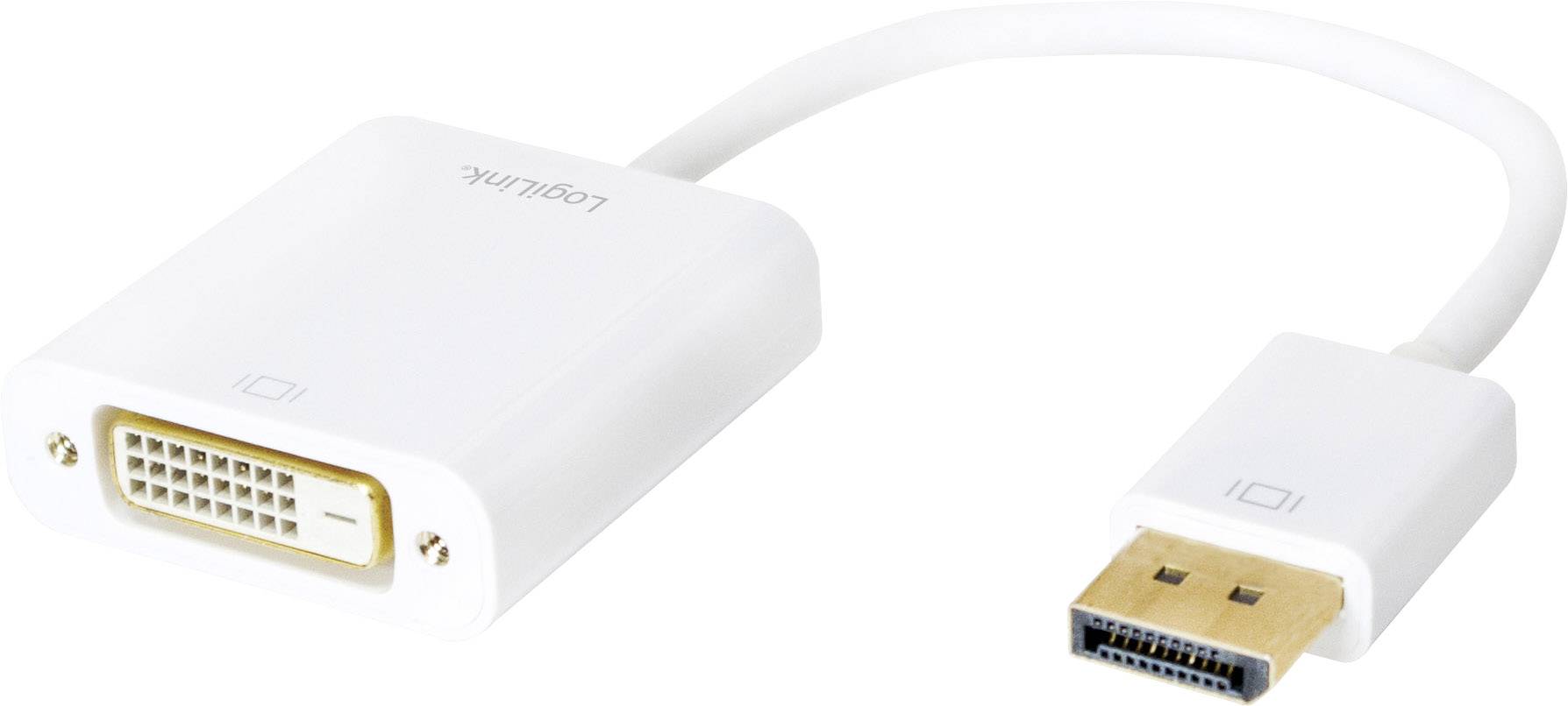 DVI-til-DisplayPort-adapterkabel. Hvid, med en DVI-stik på den ene side og en DisplayPort-stik på den anden side.