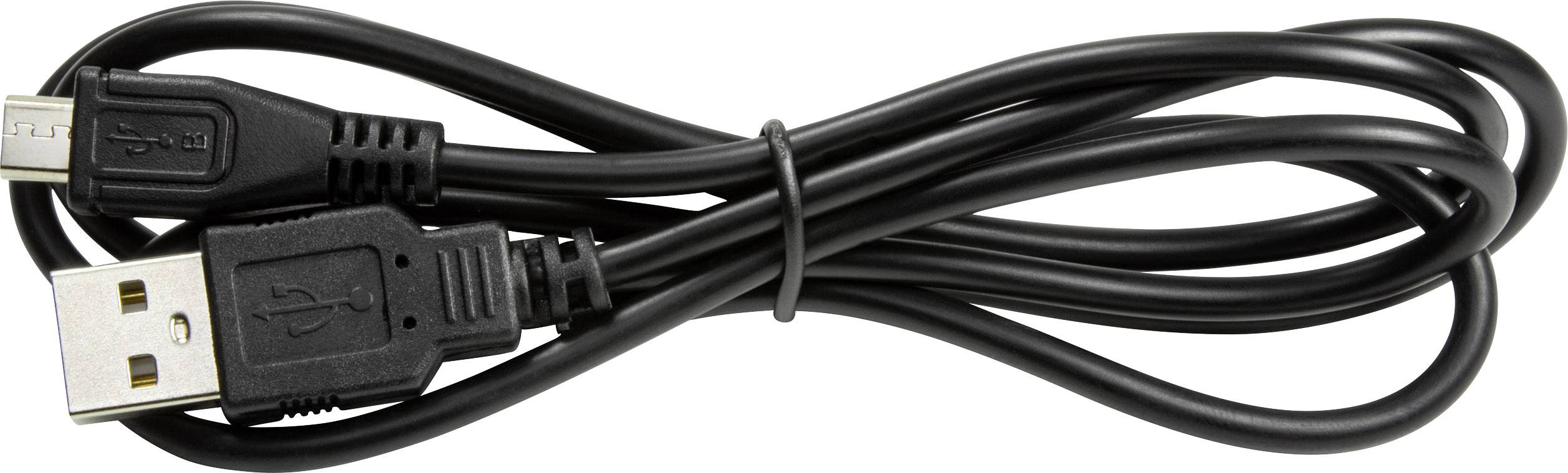 Et sort USB-kabel, omhyggeligt sammenlagt, viser USB-stikkene i begge ender.