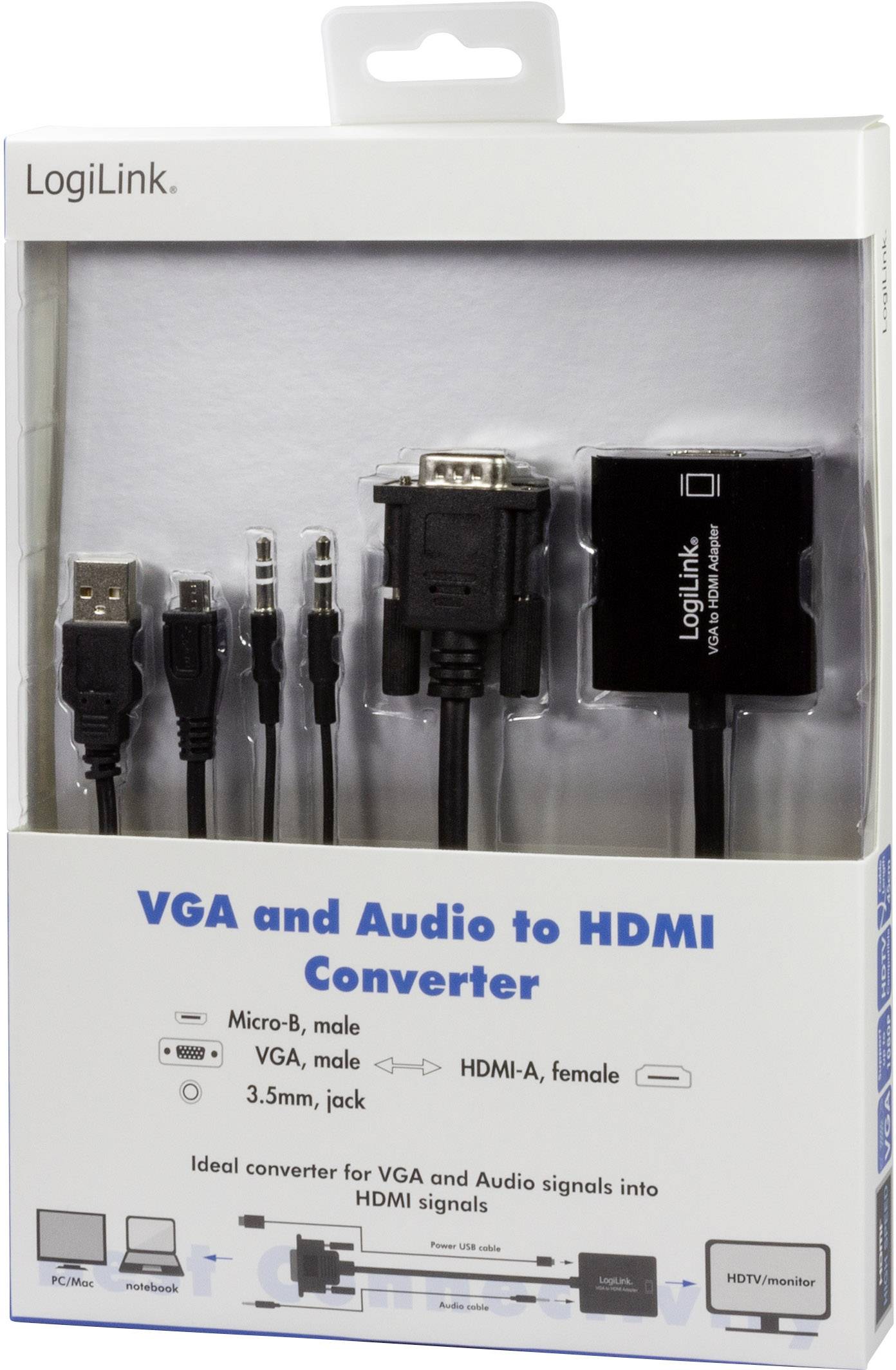 Emballage til en LogiLink VGA- og audio-til-HDMI-converter med flere tilslutninger, herunder Micro-USB, VGA og 3,5 mm jackstik.