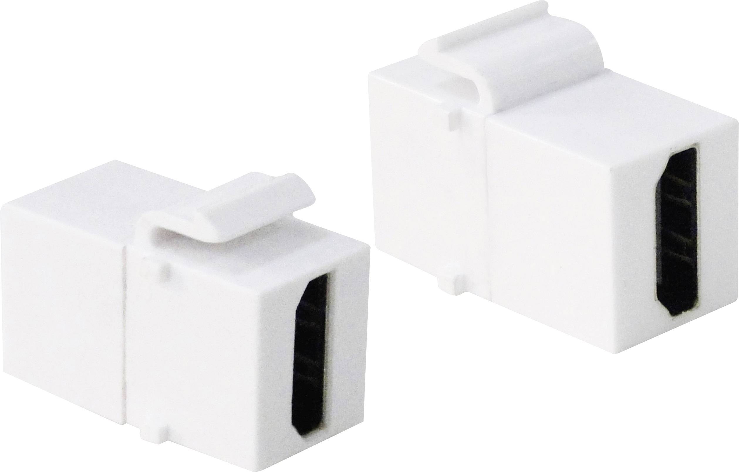 To tværgående hvide HDMI-adaptere med sorte tilslutningsåbninger, placeret ved siden af hinanden.