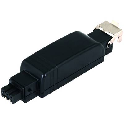 En sort elektronisk adapter med stikkerkontakter og metalklemmer, sandsynligvis til forbindelse af elektroniske enheder.