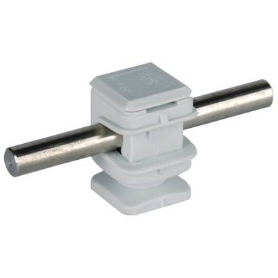 En hvid plastikholder med indsat metalstang. Holderen har en rektangulær, stablet struktur og holder stangen vandret.