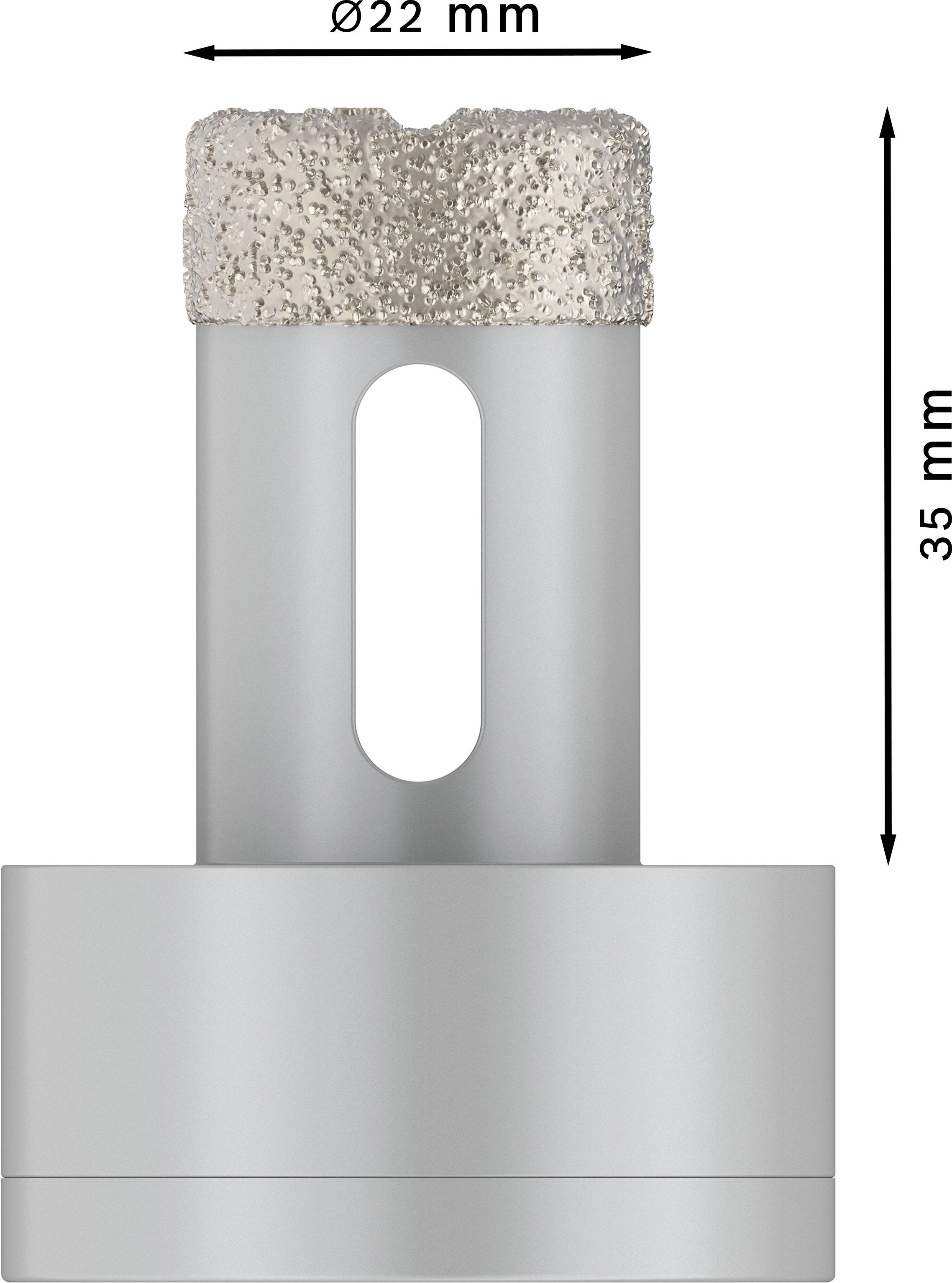 Bor med diamantbelagt hoved, diameter 22 mm, højde 35 mm, egnet til flisebearbejdning.