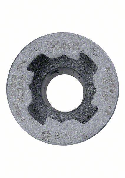 Skæreadapter med Bosch-logo, metallic, cylinderformet, med hul i midten. Egnet til slibemaskiner.