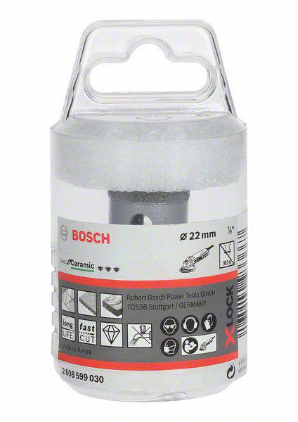 Pakket Bosch X-LOCK skæreskive til keramik, diameter 22 mm. Indeholder symboler for materiale og brug. Fremstillet i Korea.
